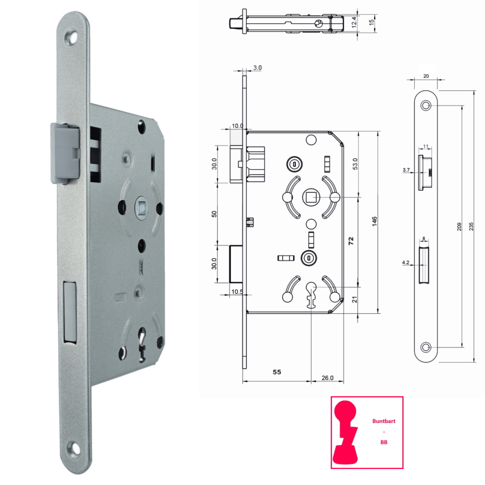 Bever Einsteckschloss Zimmertür BB WC 55/72/8 - 20mm Stulp rund Kunststofffalle