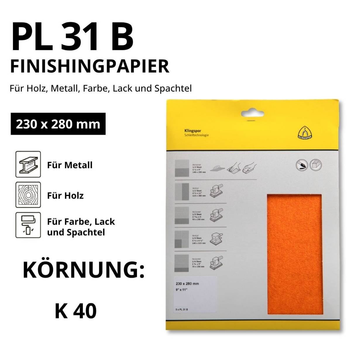 Klingspor Finishing-Schleifpapier-Bogen 230x280mm SB-Verpackt PL 31 B - K 40