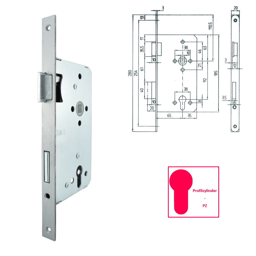 Bever Haustür Einsteckschloss PZ 65/92/10 - 20mm Stulp kantig Metallfalle
