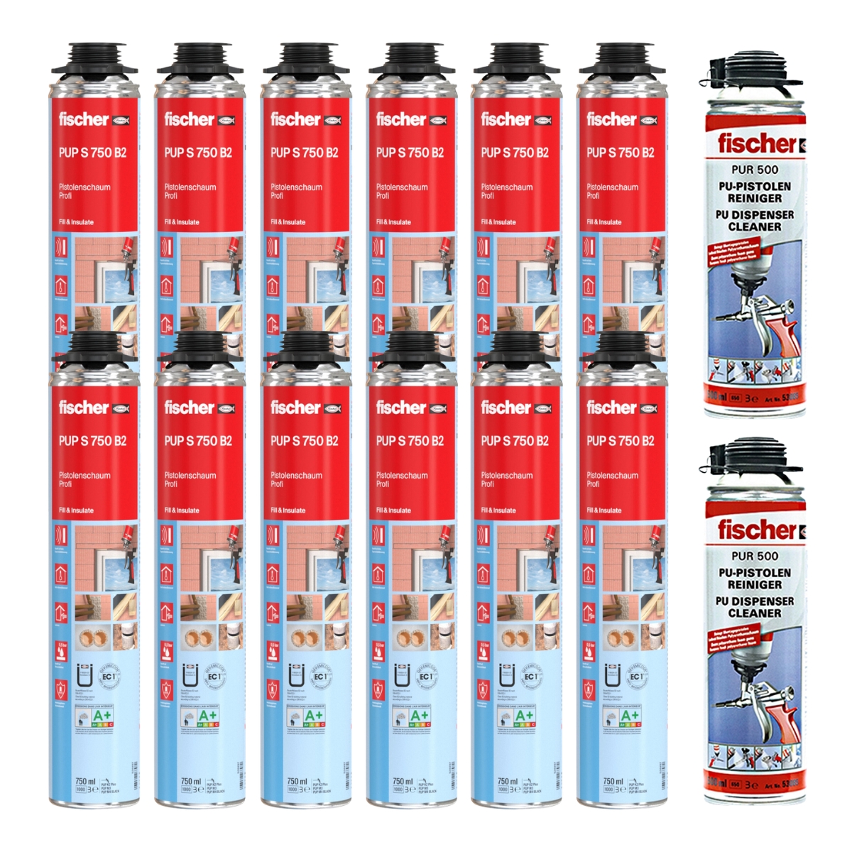 Fischer Pistolenschaum PUP S 750ml B2 1K - 12 Stück + 2x PUR500 500ml Reiniger