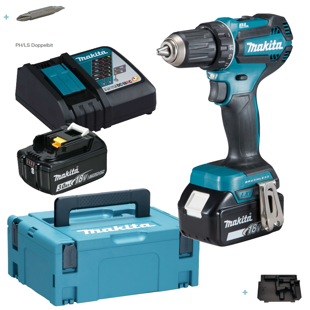Makita Akku Bohrschrauber DDF485RFJ - 2x 3,0AH Akku - Ladegerät - im Makpac 2