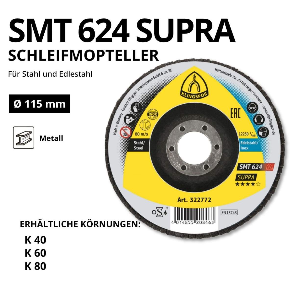 Klingspor Schleifmopteller SMT 624 Supra - Ø 115 mm - Zirkonkorund - K40/60/80
