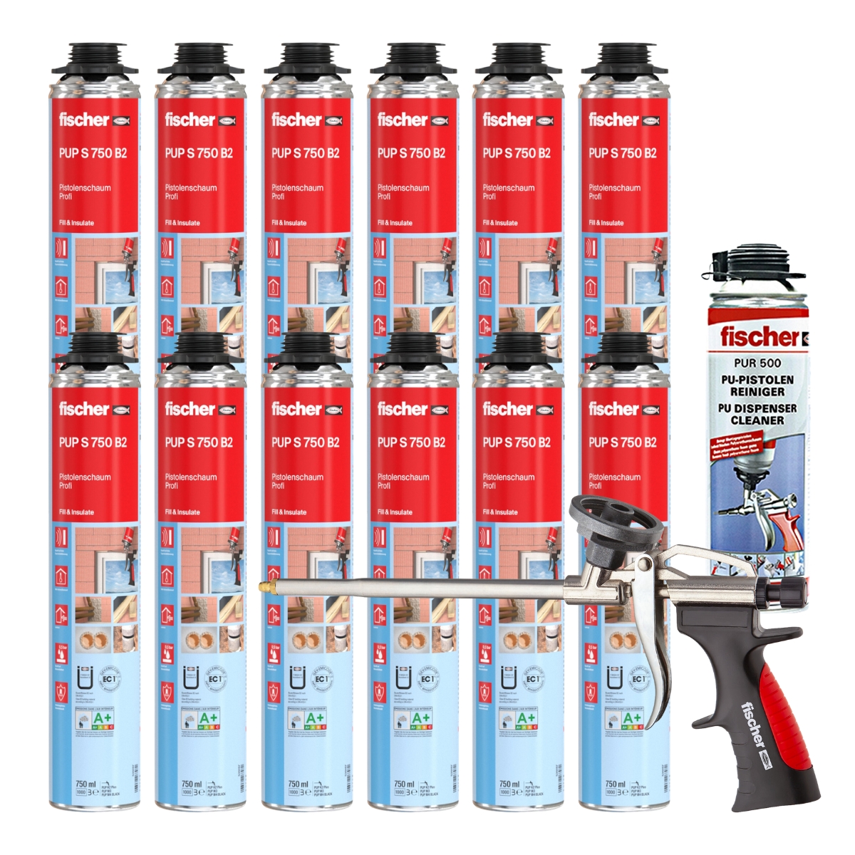Fischer Pistolenschaum PUP S 750ml B2 1K - 12 Stück + 1x Pistole + 1x Reiniger