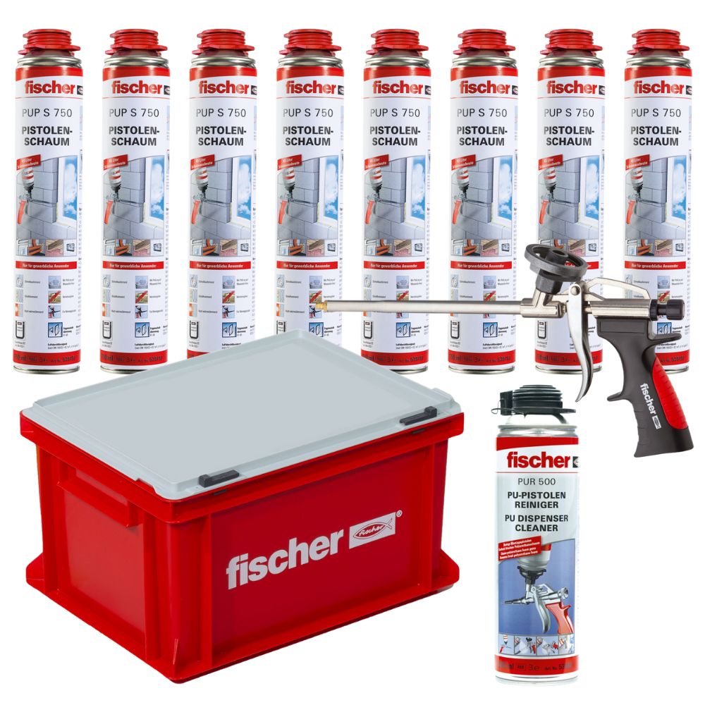 Fischer Pistolenschaum Set 750ml 8x Schaum + Reiniger + Pistole + Transportbox
