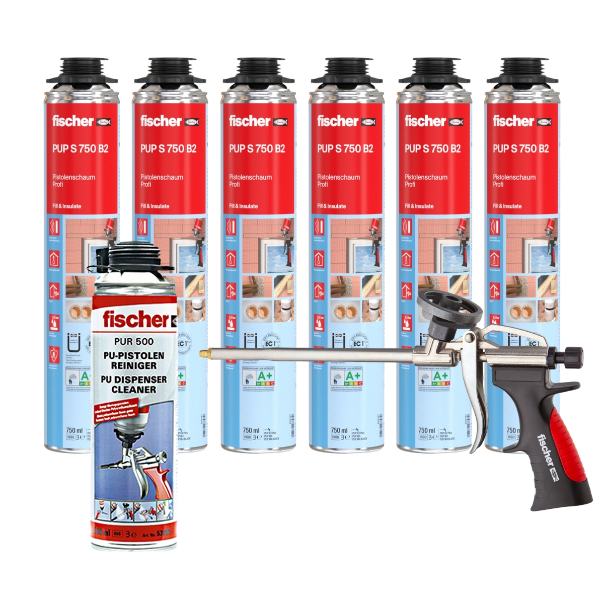 Fischer Pistolenschaum PUP S 750ml B2 1K - 6 Stück + 1x Pistole + 1x Reiniger