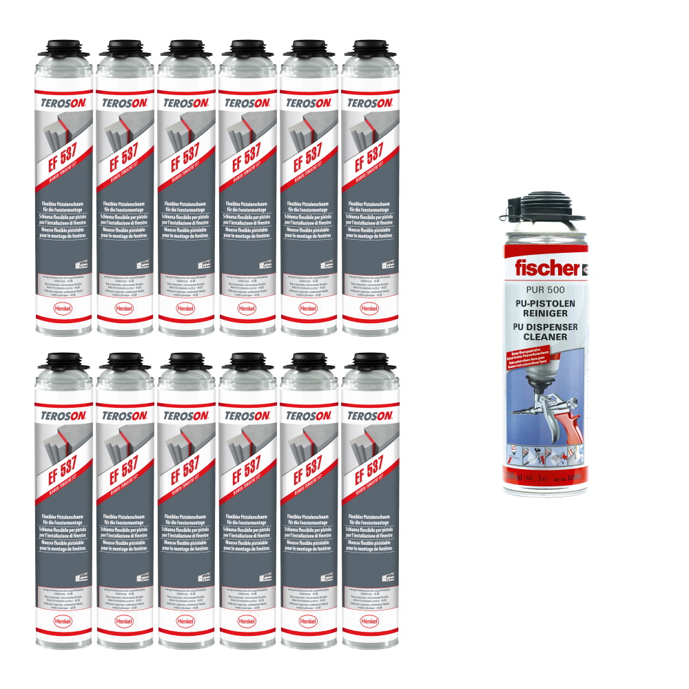 Teroson Pistolenschaum Set EF 537 12x + Fischer PUR500 Reiniger