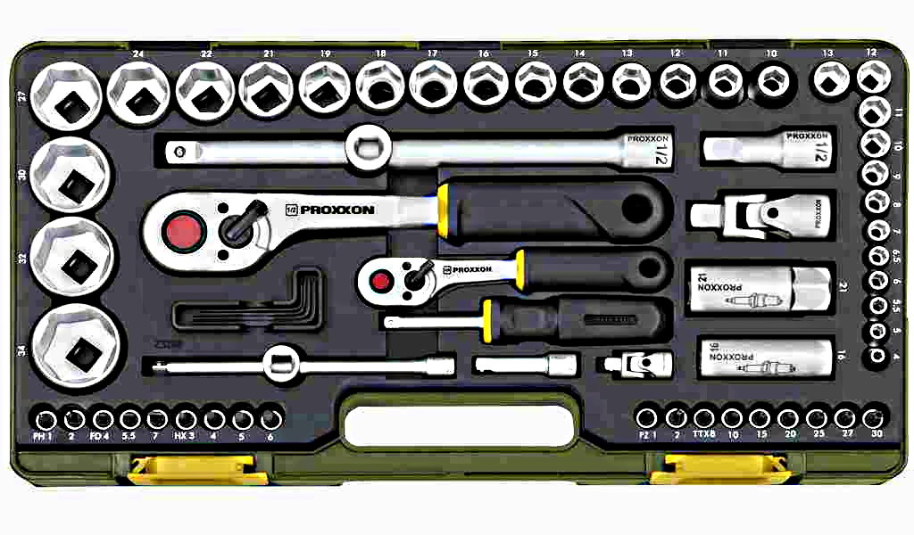 Proxxon 23286 Steckschlüssel Komplettsatz mit Knüppelratschen - 65-teilig - 1/4" und 1/2''