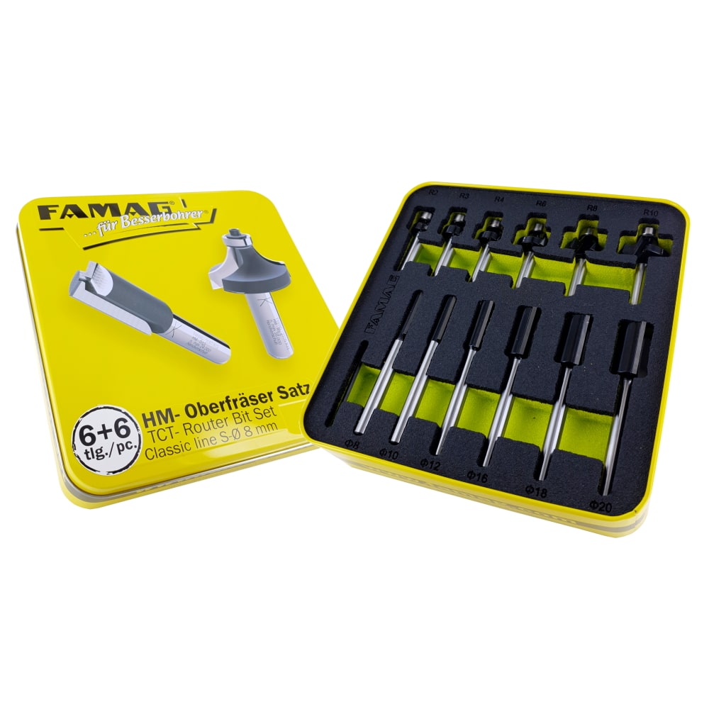 Famag Fräser Satz in Dose - Hartmetall - 12teilig - 6 Nutfräser - 6 Abrundfräser