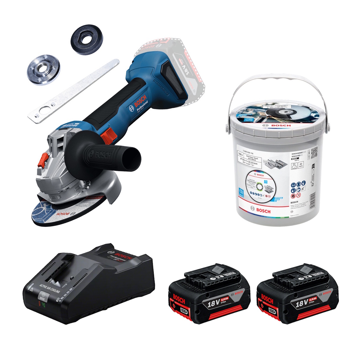 Bosch Akku-Winkelschleifer GWS18V-8 Karton - 2x5Ah - GAL18V-160 - Trennscheiben