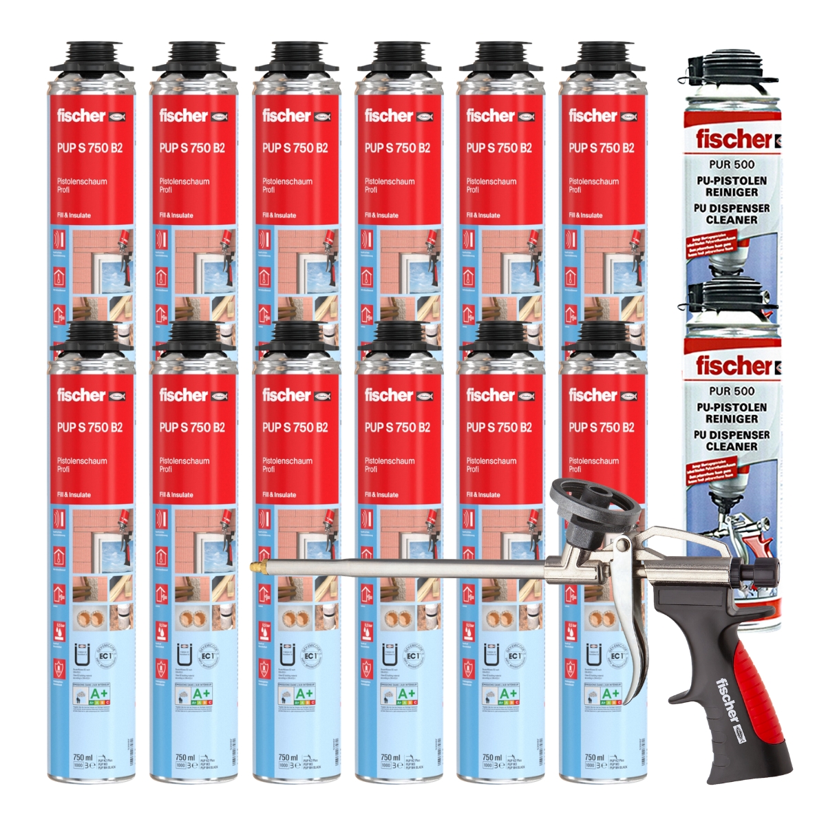 Fischer Pistolenschaum PUP S 750ml B2 1K - 12 Stück + 1x Pistole + 2x Reiniger