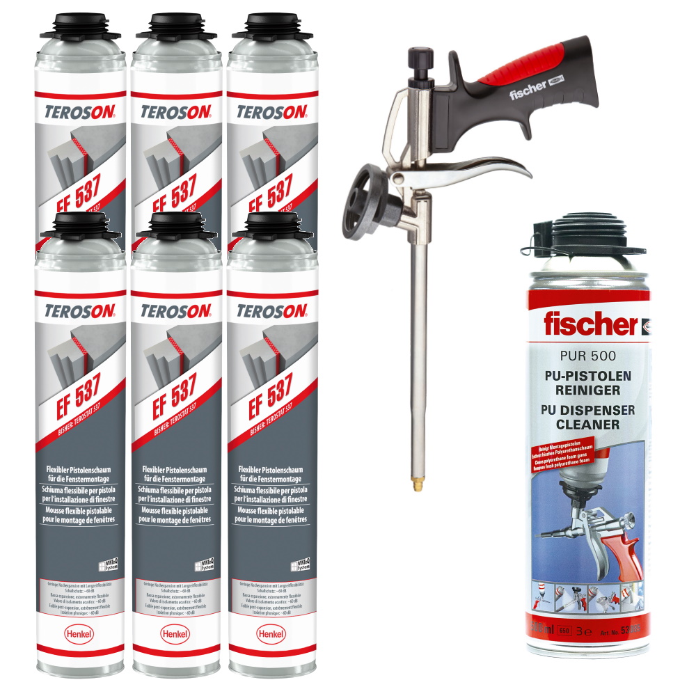 Teroson Pistolenschaum Set EF 537 6x + PUR500 Reiniger + Pistole PUP M3
