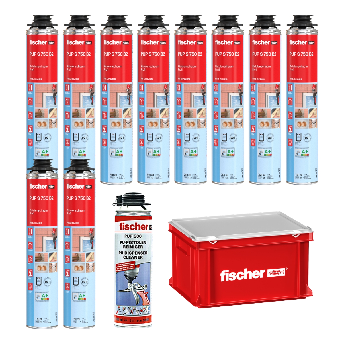 Fischer Pistolenschaum Set PUP S 750ml 10x Schaum + Reiniger + Transportbox