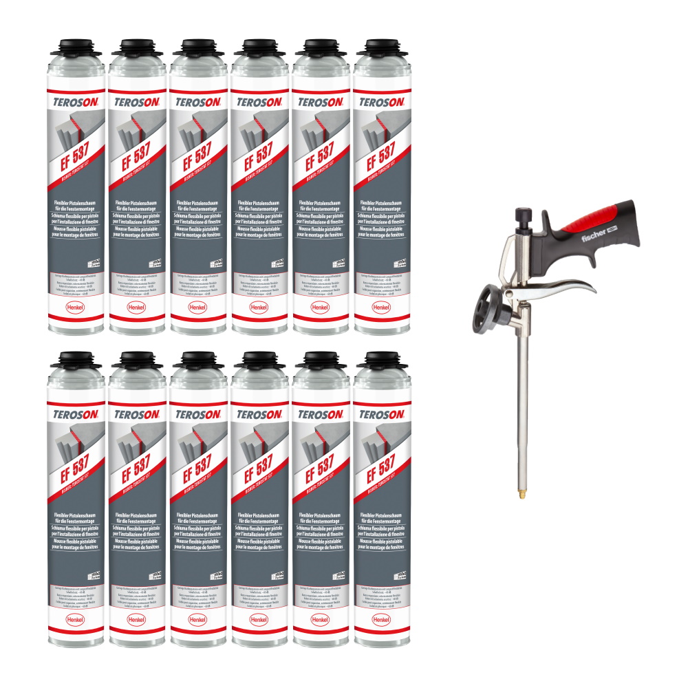 Teroson Pistolenschaum Set EF 537 12x + Fischer Metallpistole PUP M3
