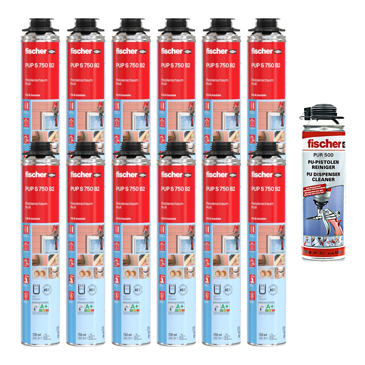 Fischer Pistolenschaum PUP S 750ml B2 1K - 12 Stück + 1x PUR500 500ml Reiniger