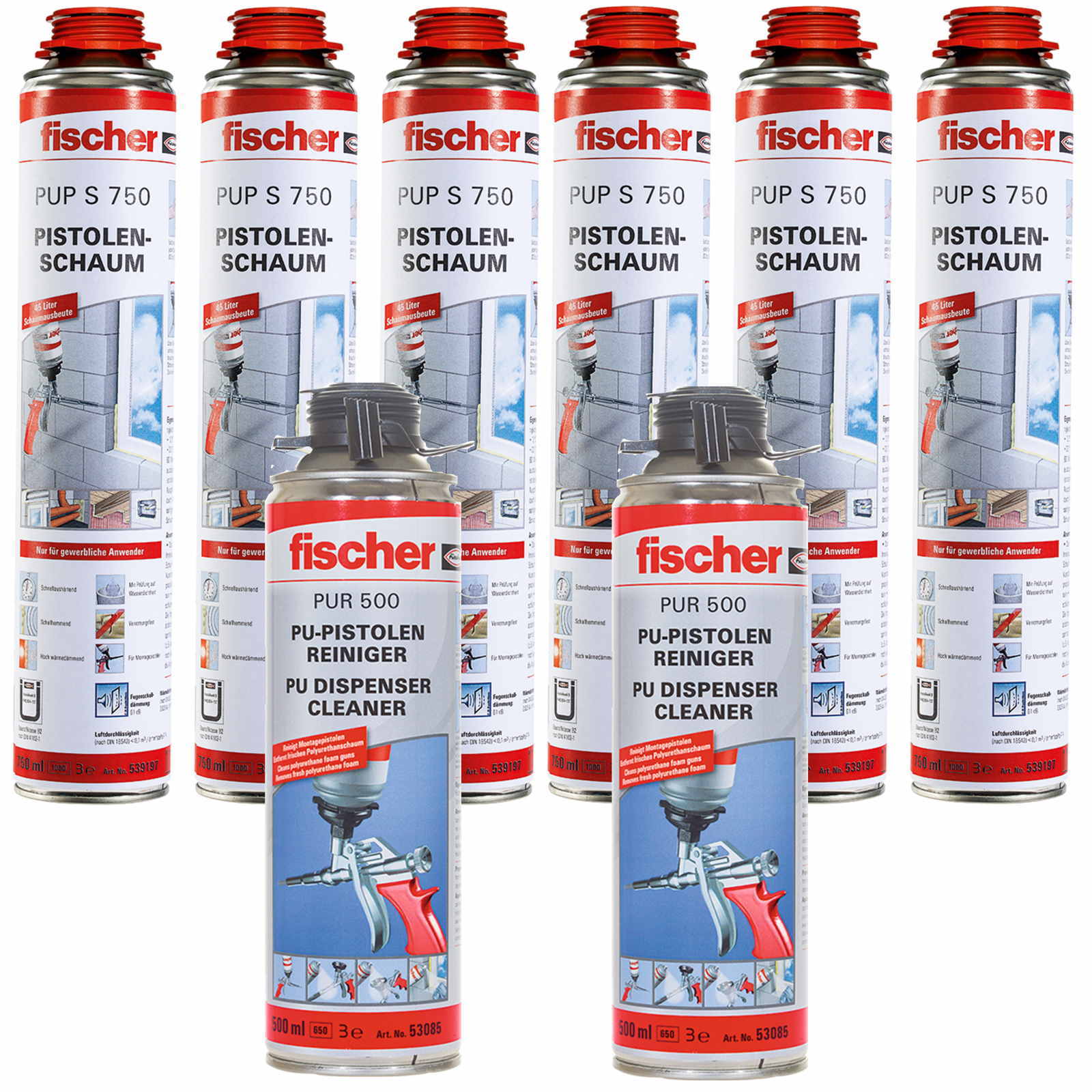 Fischer Pistolenschaum PUP S 750ml B2 1K - 6 Stück + 2x PUR500 500ml Reiniger