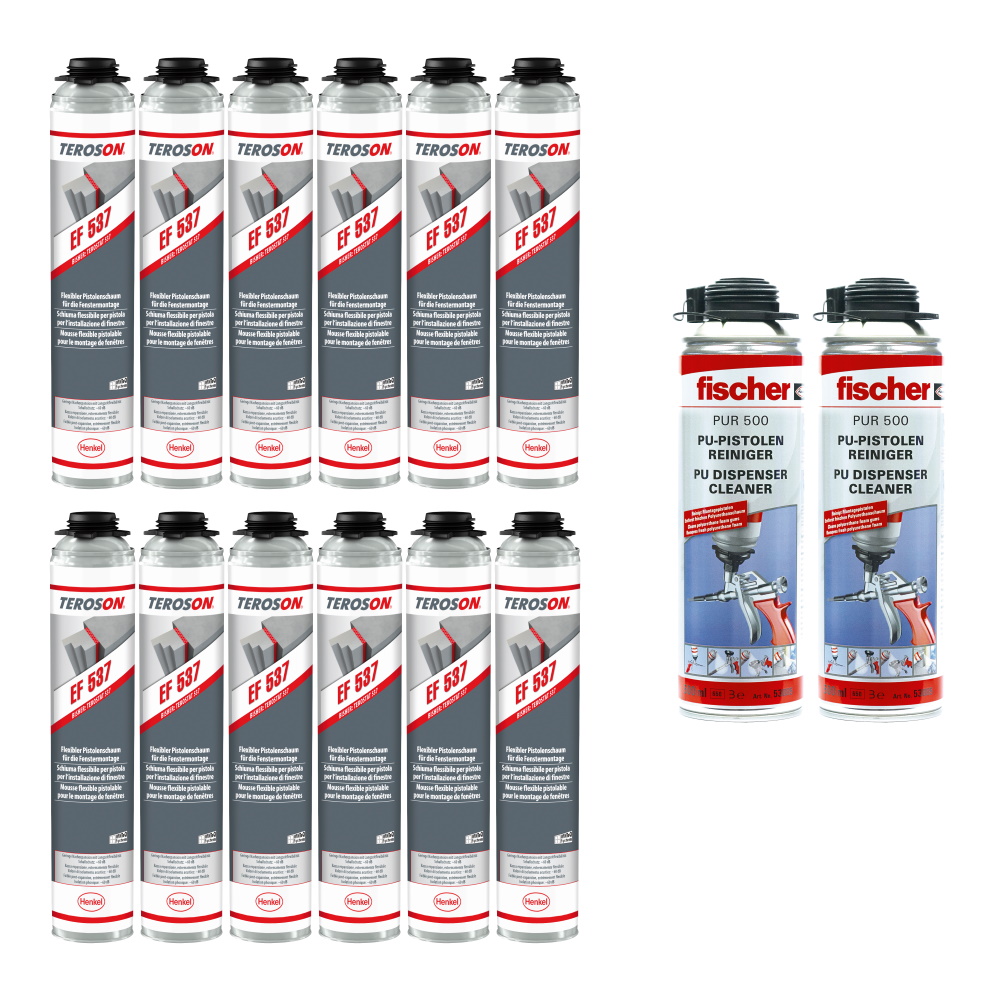 Teroson Pistolenschaum Set EF 537 12x + Fischer PUR500 Reiniger 2x