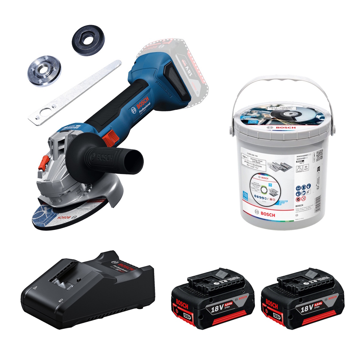 Bosch Akku-Winkelschleifer GWS18V-8 Karton - 2x5Ah - GAL18V-40 - Trennscheiben