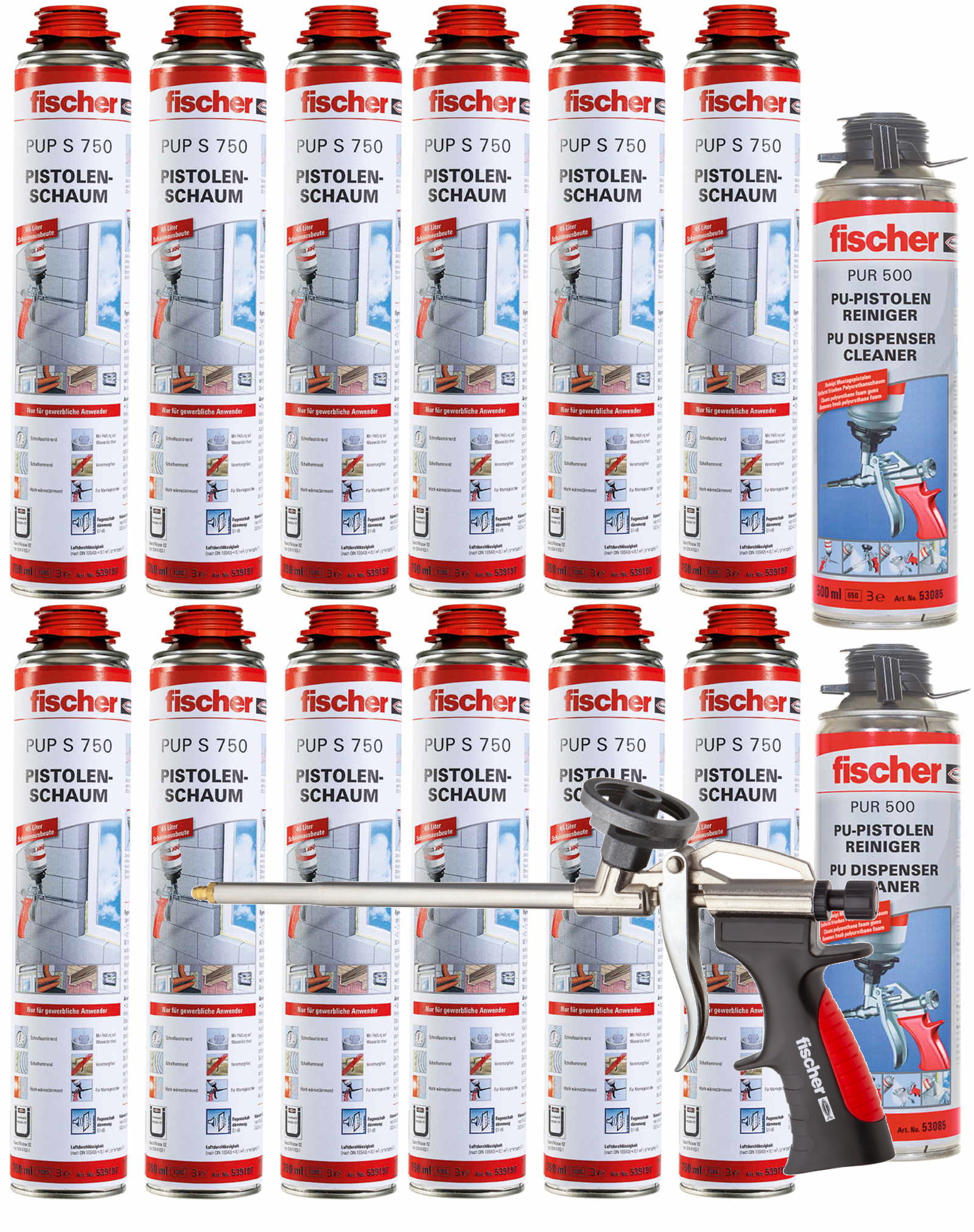 Fischer Pistolenschaum PUP S 750ml B2 1K - 12 Stück + 1x Pistole + 2x Reiniger