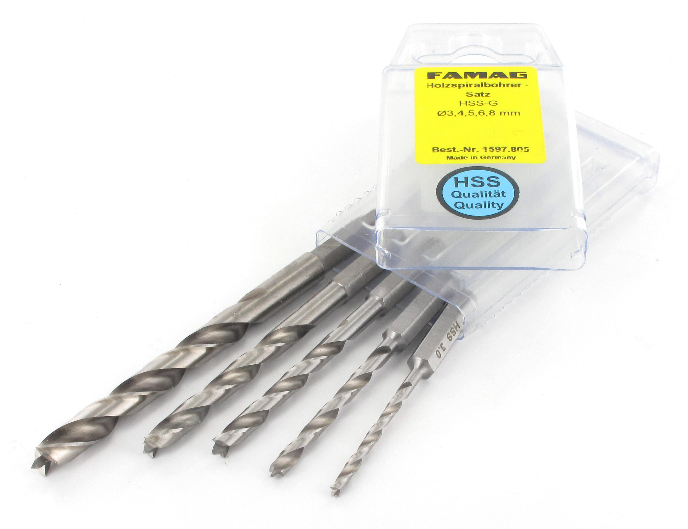 Famag - Holzspiralbohrer HSS-G Bits lang - 5-tlg. in PVC-Box Ø 3, 4, 5, 6, 8 mm