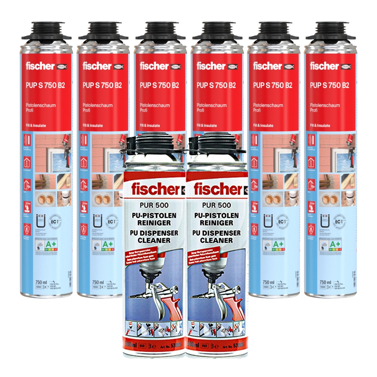 Fischer Pistolenschaum PUP S 750ml B2 1K - 6 Stück + 2x PUR500 500ml Reiniger