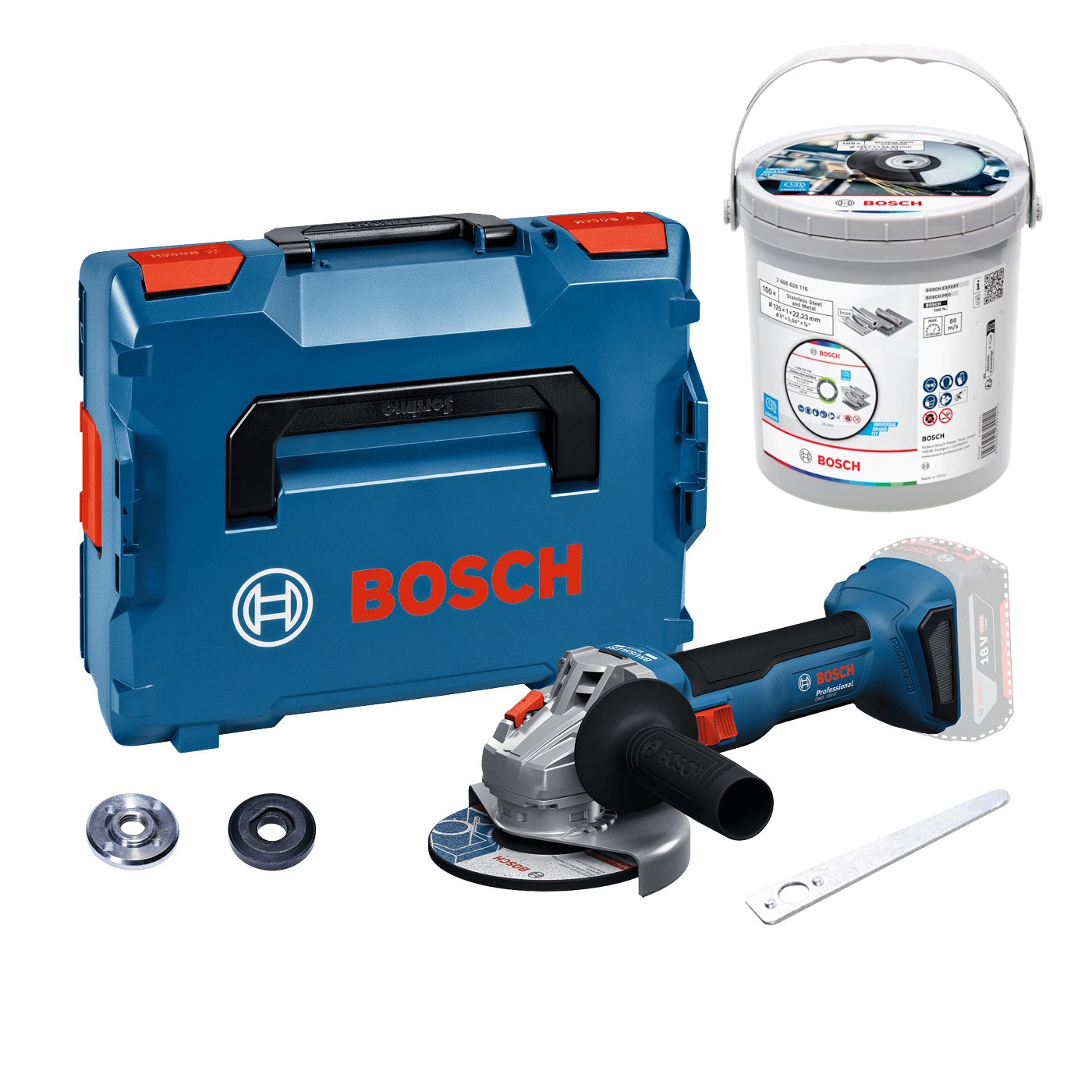 Bosch Akku-Winkelschleifer GWS 18V-8 in L-BOXX inkl. Trennscheiben im Eimer