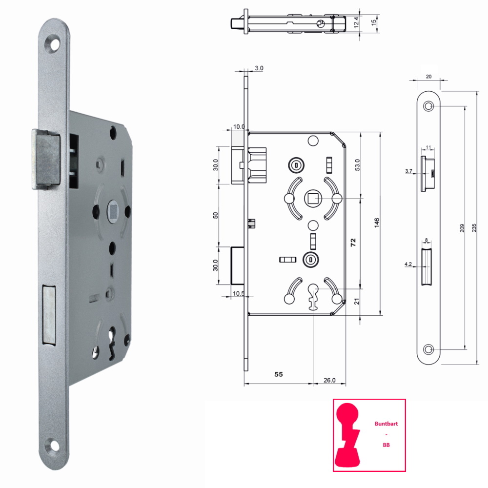 Bever Einsteckschloss Zimmertür BB PZ WC 55/72/8 - 20mm Stulp rund Metallfalle
