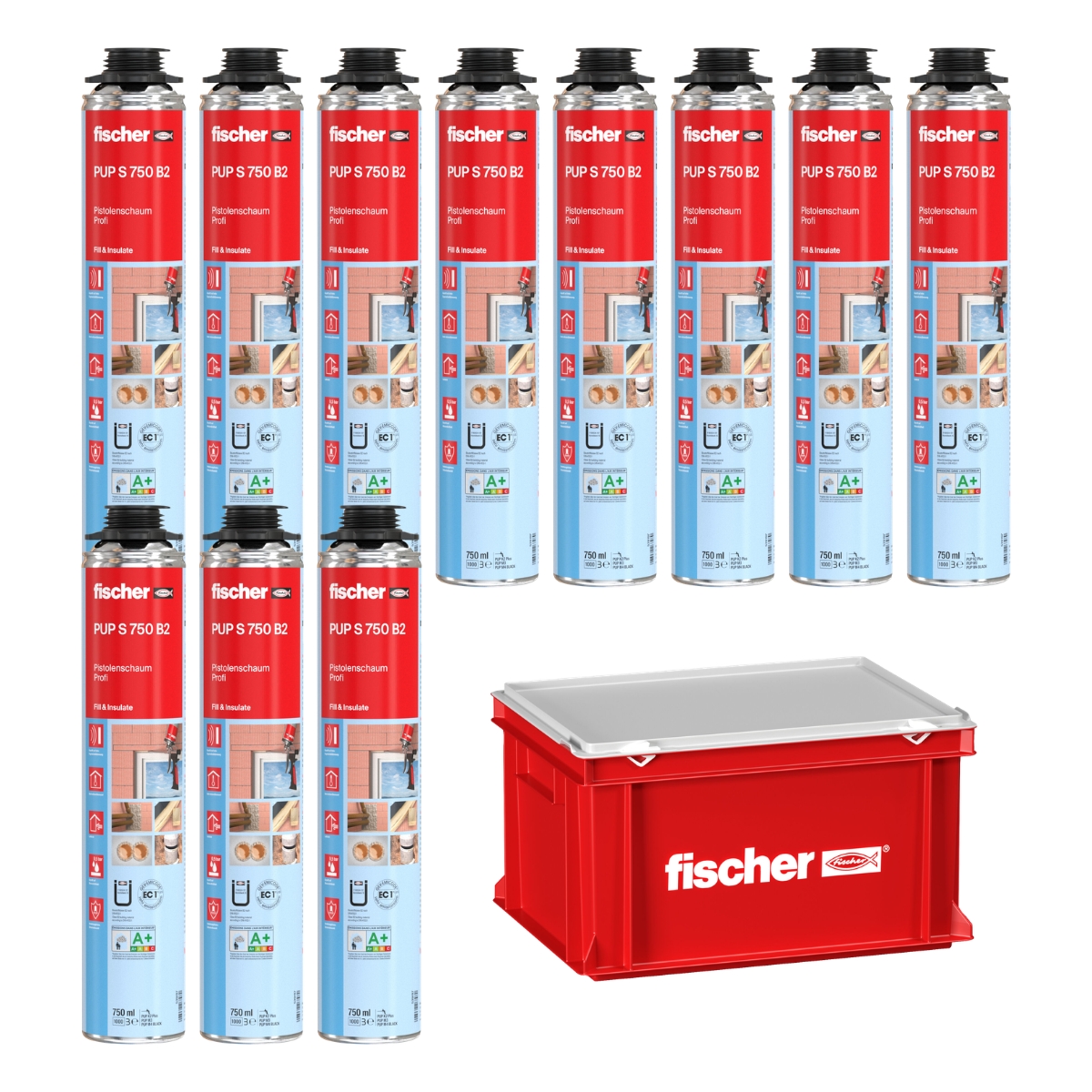 Fischer Pistolenschaum Set Montageschaum PUP S 750ml 11x Schaum + Transportbox
