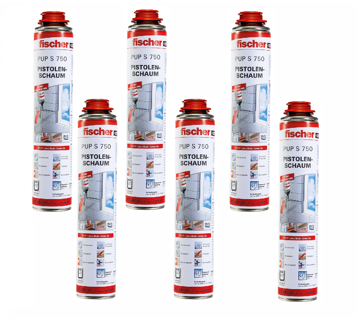Fischer Pistolenschaum Montageschaum Dämmschaum PUP S 750ml B2 - 1K - 6 Stück
