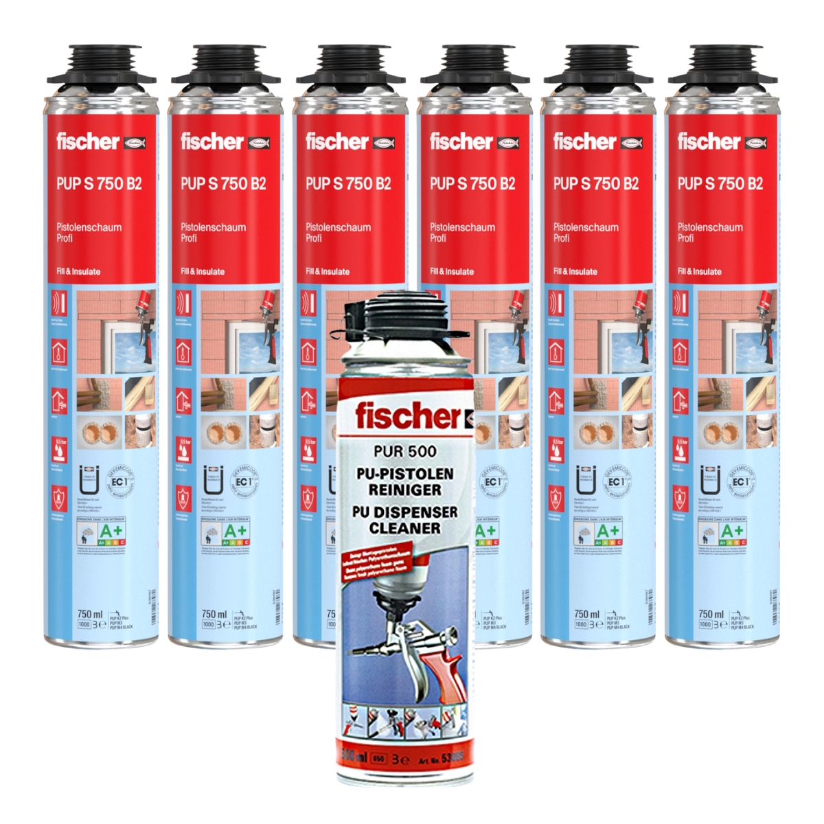 Fischer Pistolenschaum PUP S 750ml B2 1K - 6 Stück + 1x PUR500 500ml Reiniger