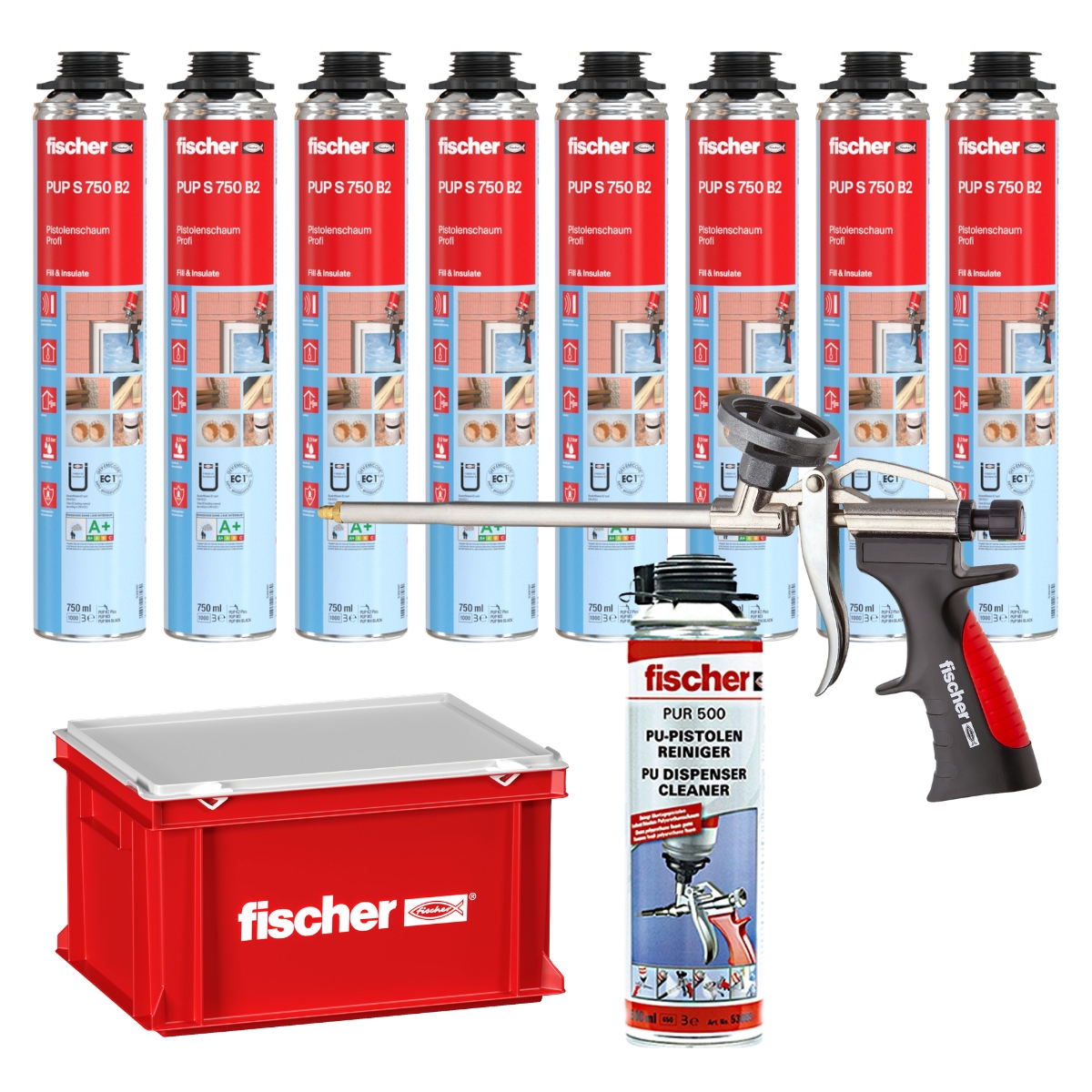 Fischer Pistolenschaum Set 750ml 8x Schaum + Reiniger + Pistole + Transportbox
