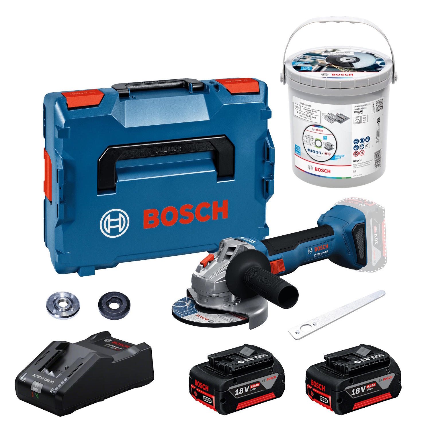 Bosch Akku-Winkelschleifer GWS18V-8 L-BOXX - 2x5Ah - GAL18V-160 - Trennscheiben