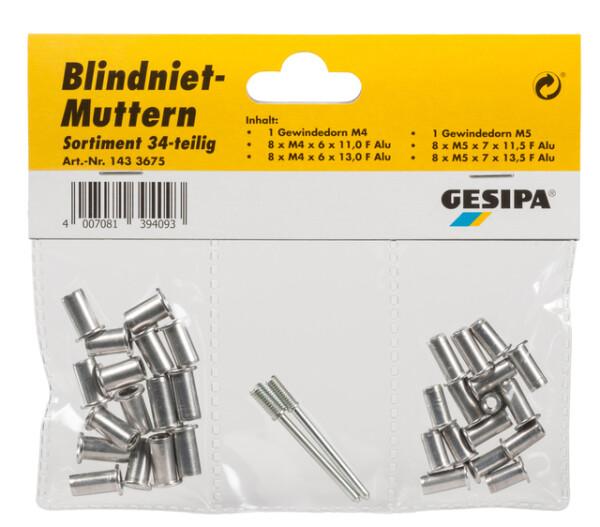 Gesipa Blindnietmuttern Sortiment - Dorn M4/M5 - 32 Muttern M4/M5 - 1433675