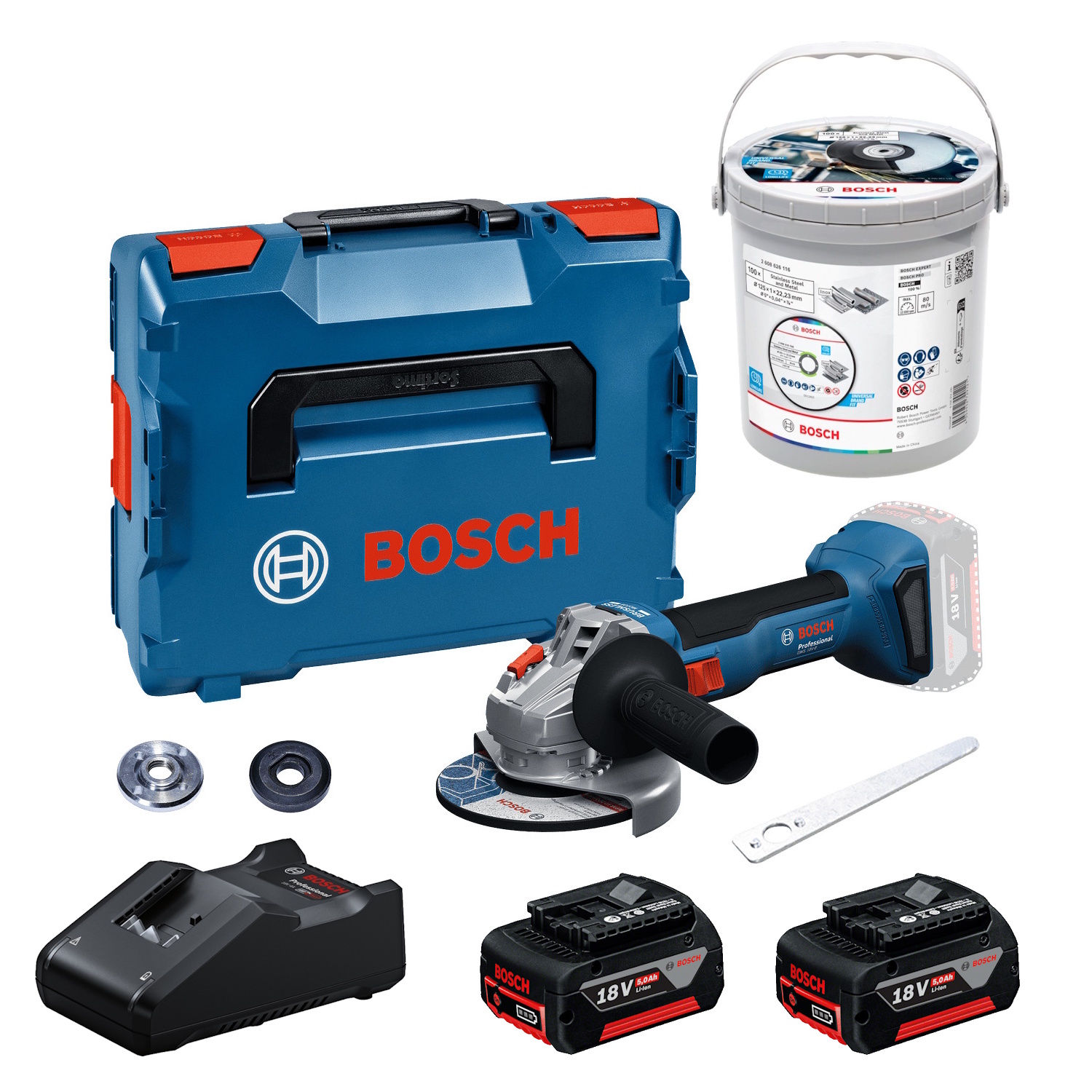 Bosch Akku-Winkelschleifer GWS18V-8 L-BOXX - 2x5Ah - GAL18V-40 - Trennscheiben