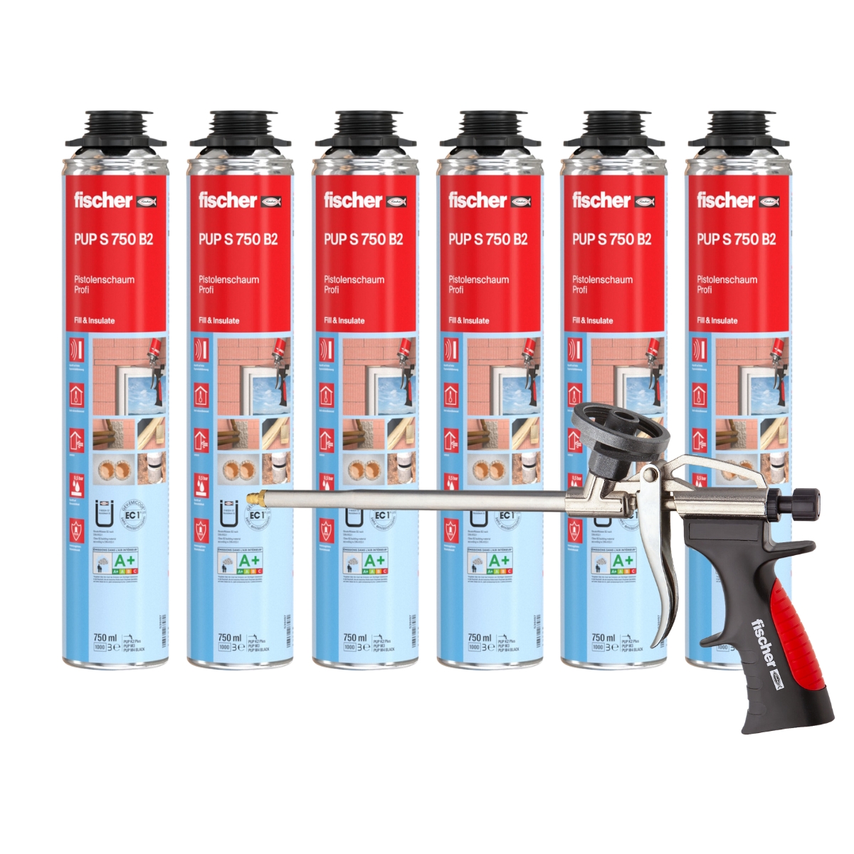 Fischer Pistolenschaum PUP S 750ml B2 1K - 6 Stück + 1x Fischer Schaumpistole