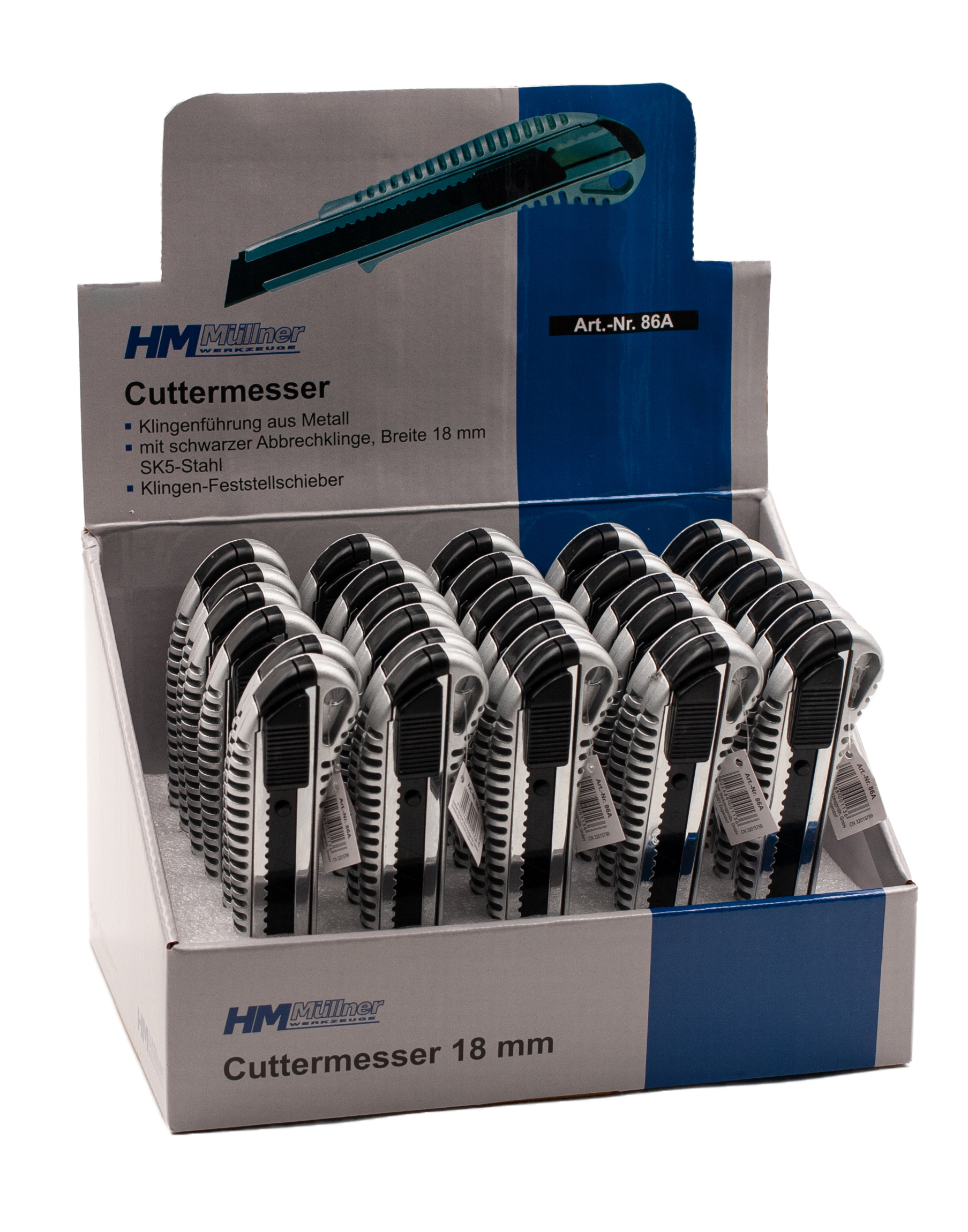 HM Müllner Cuttermesser 18mm - mit schwarzer Klinge - 30 Stück im Displaykarton