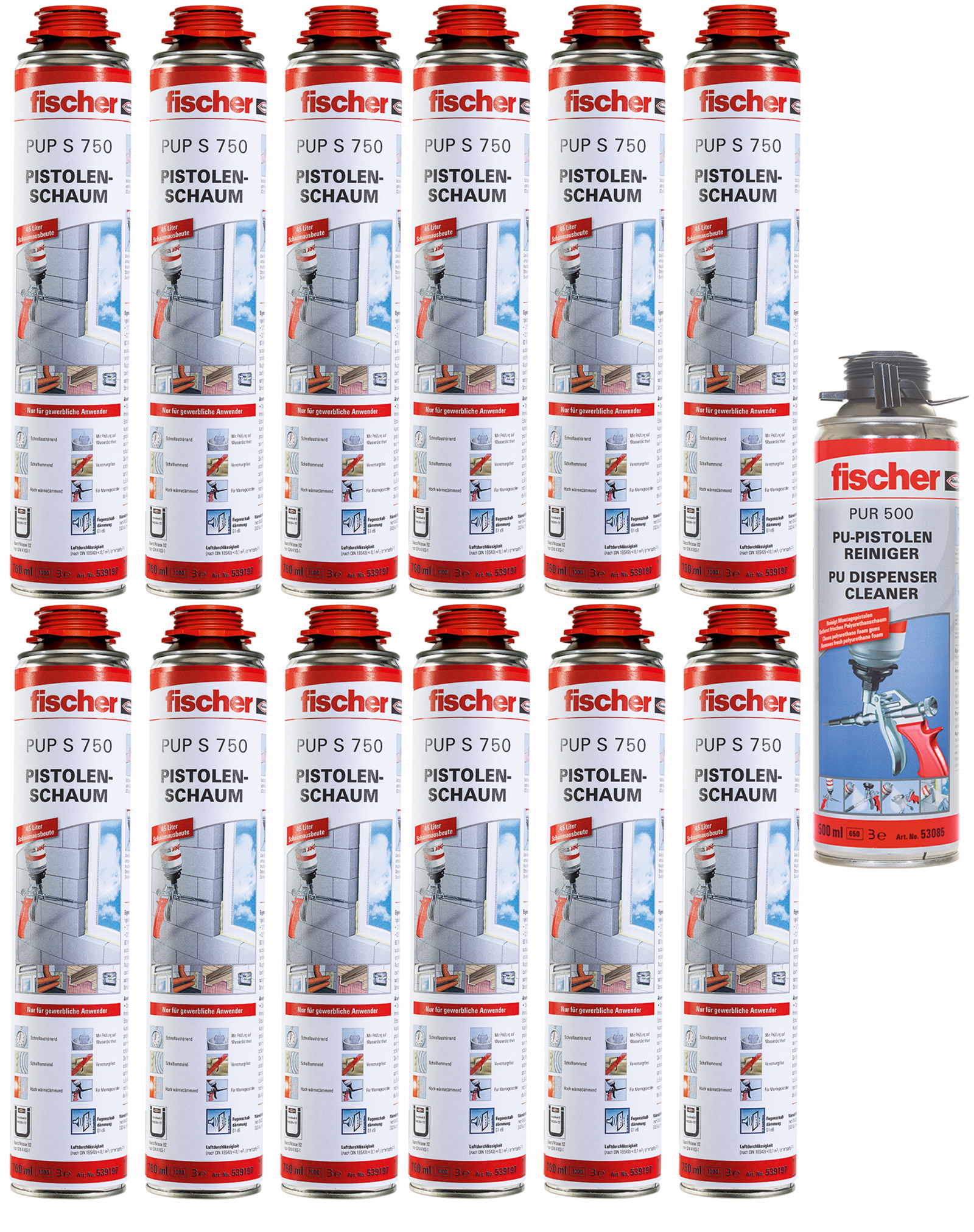 Fischer Pistolenschaum PUP S 750ml B2 1K - 12 Stück + 1x PUR500 500ml Reiniger