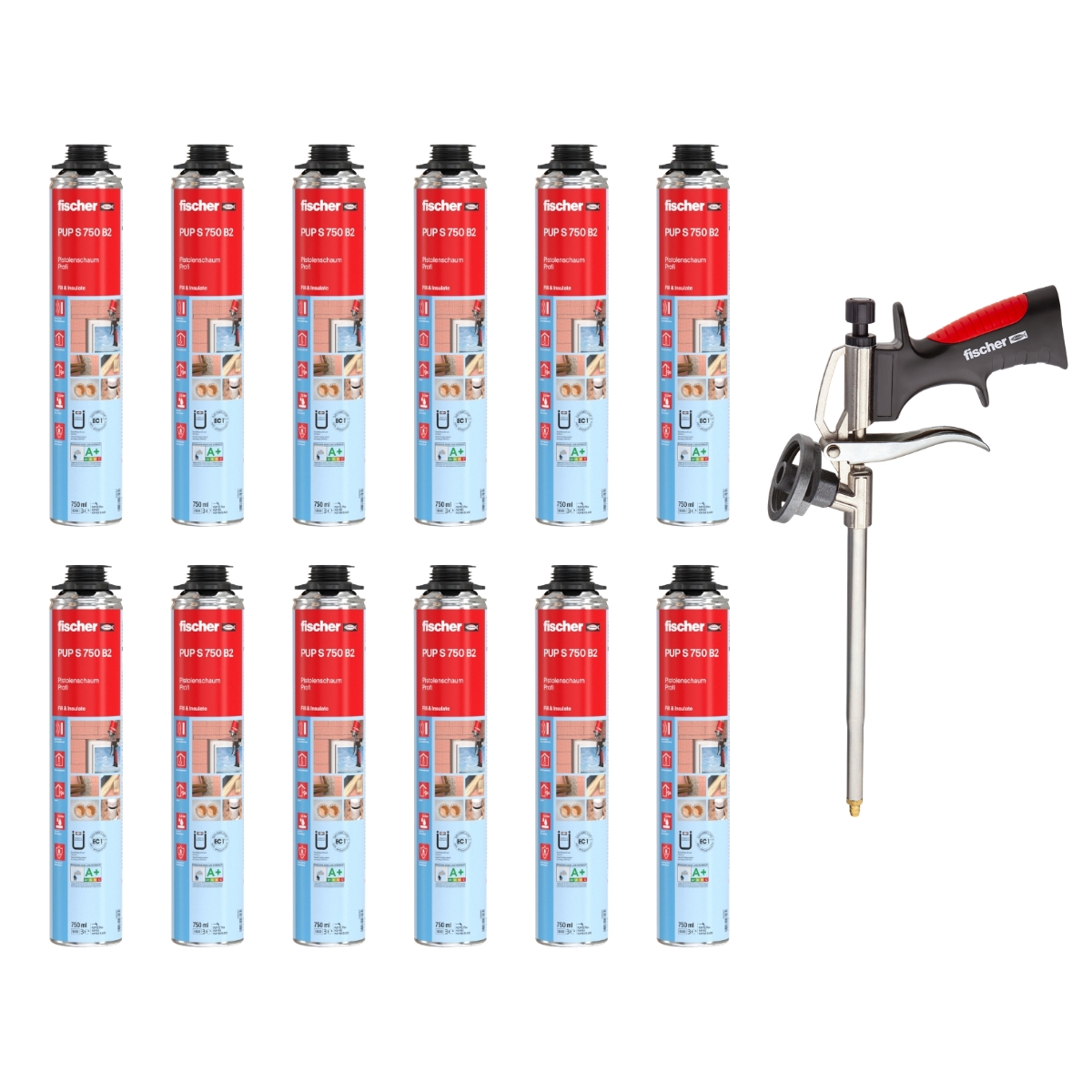 Fischer Pistolenschaum PUP S 750ml B2 1K - 12 Stück + 1x Fischer Schaumpistole