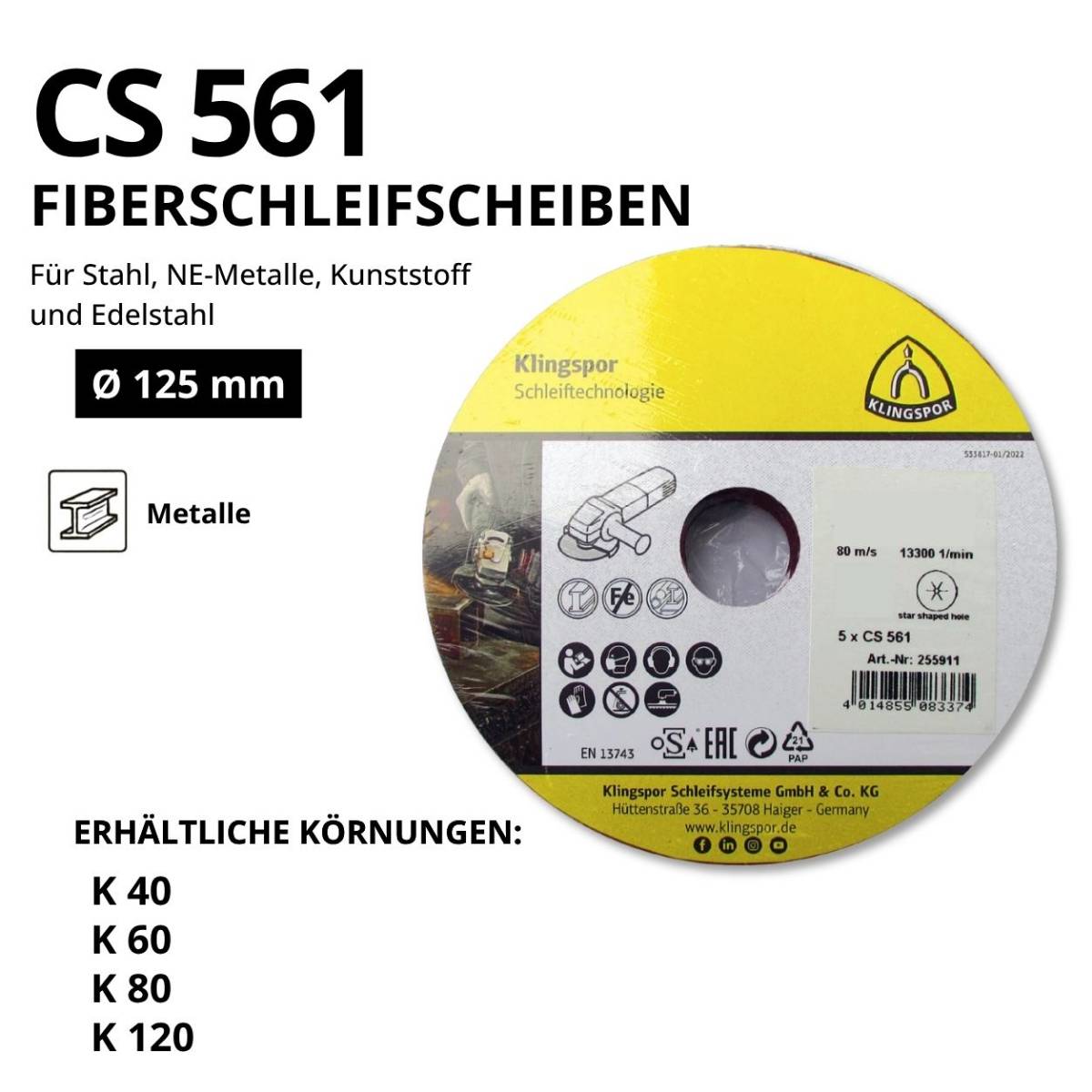 Klingspor Fiberschleifscheibe CS 561 SB - Ø 125 mm für Metall