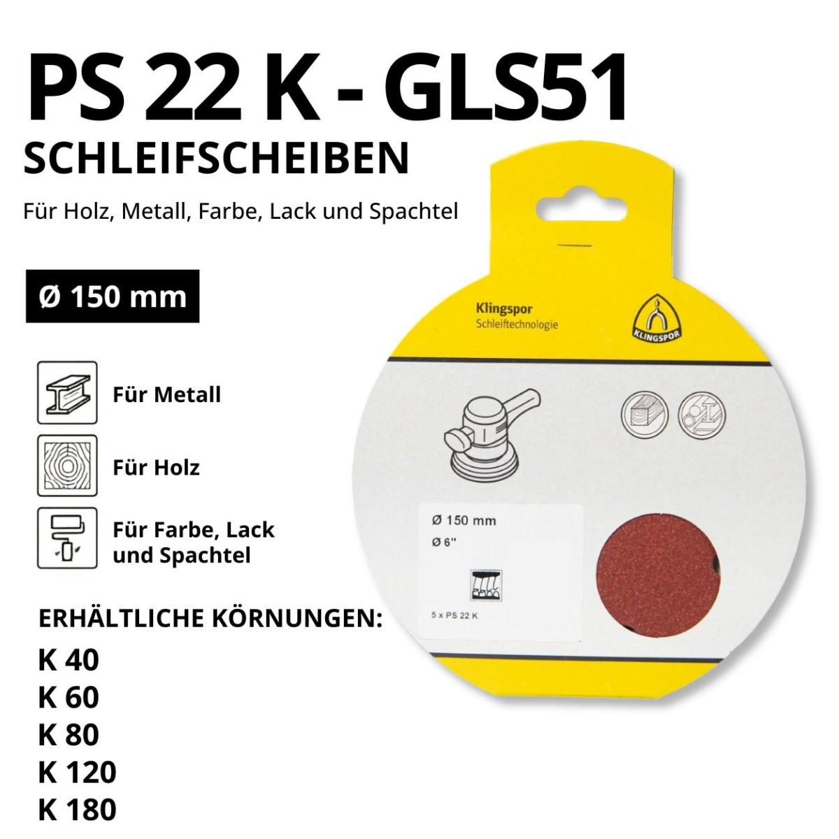 Klingspor Schleifpapier PS 22 K SB - Ø 150 mm - GLS 51 - kletthaftend