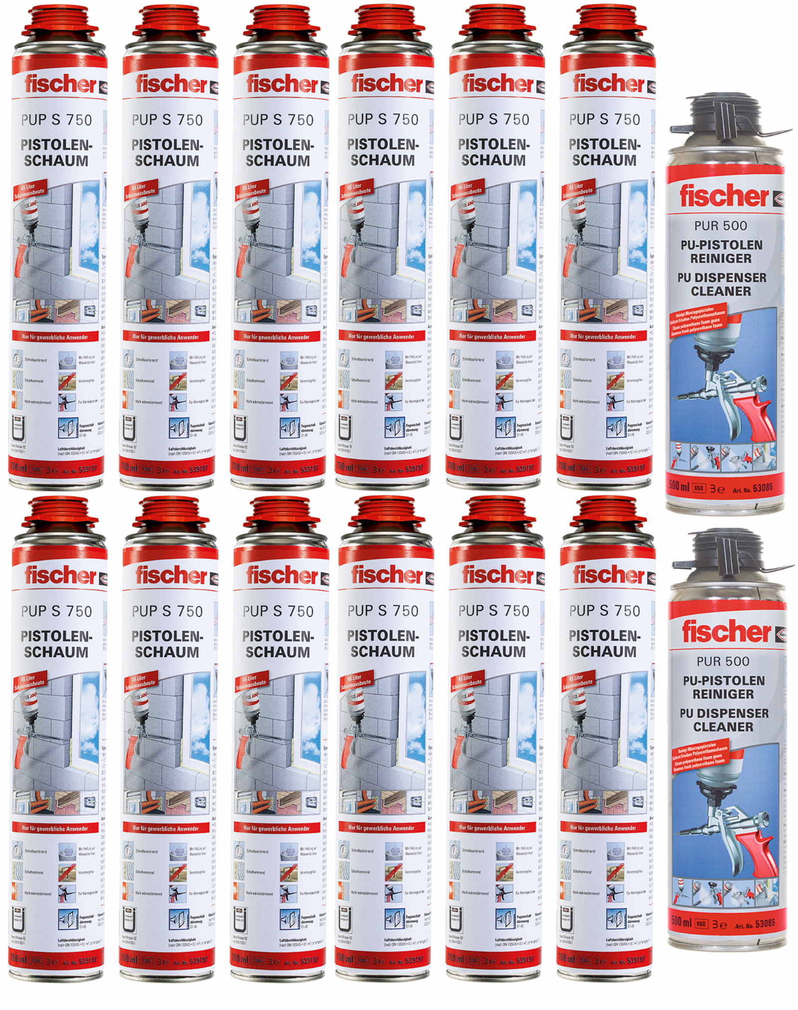 Fischer Pistolenschaum PUP S 750ml B2 1K - 12 Stück + 2x PUR500 500ml Reiniger