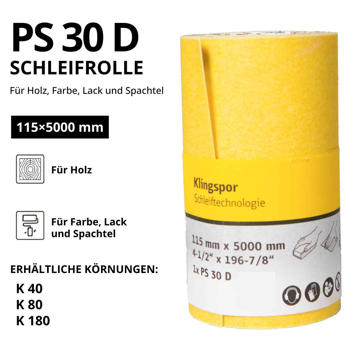 Klingspor PS 30 D Rollen, 115 x 5000 mm - für Holz, Lack und Farbe
