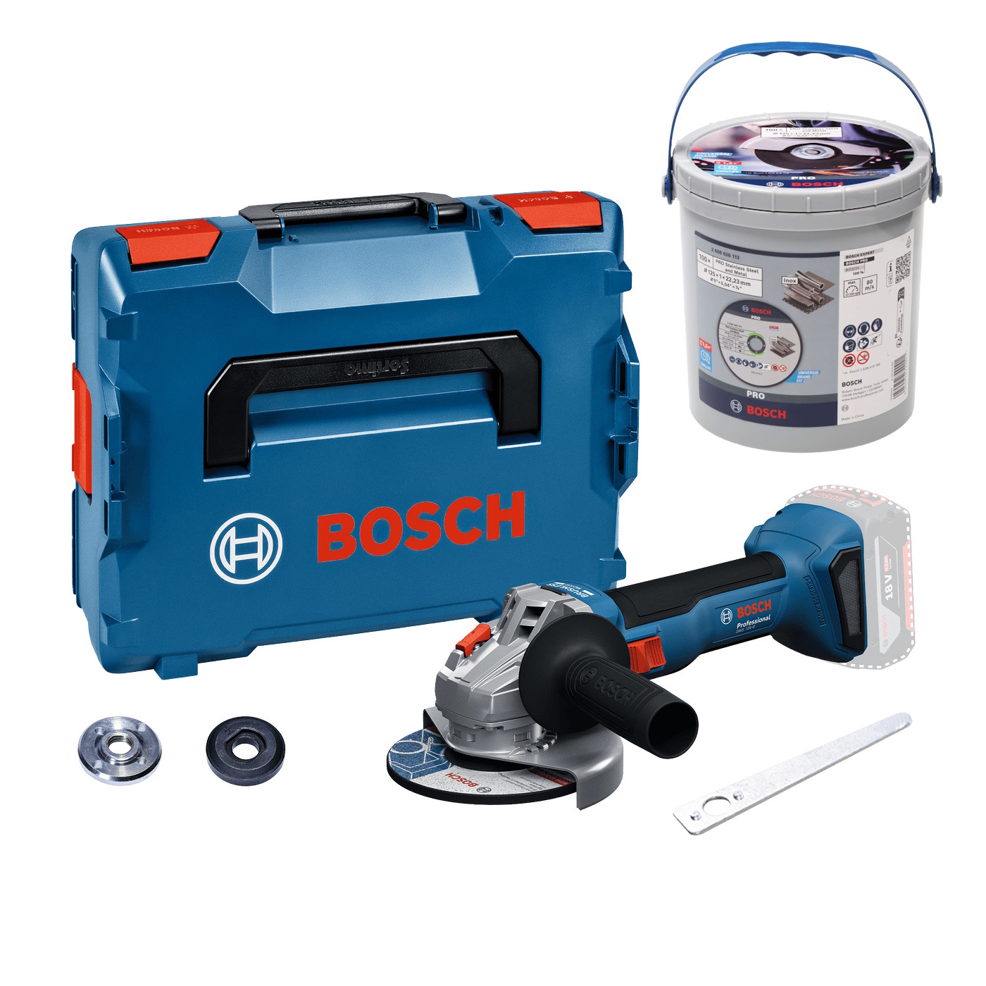 Bosch Akku-Winkelschleifer GWS 18V-8 in L-BOXX inkl. PRO Trennscheiben im Eimer