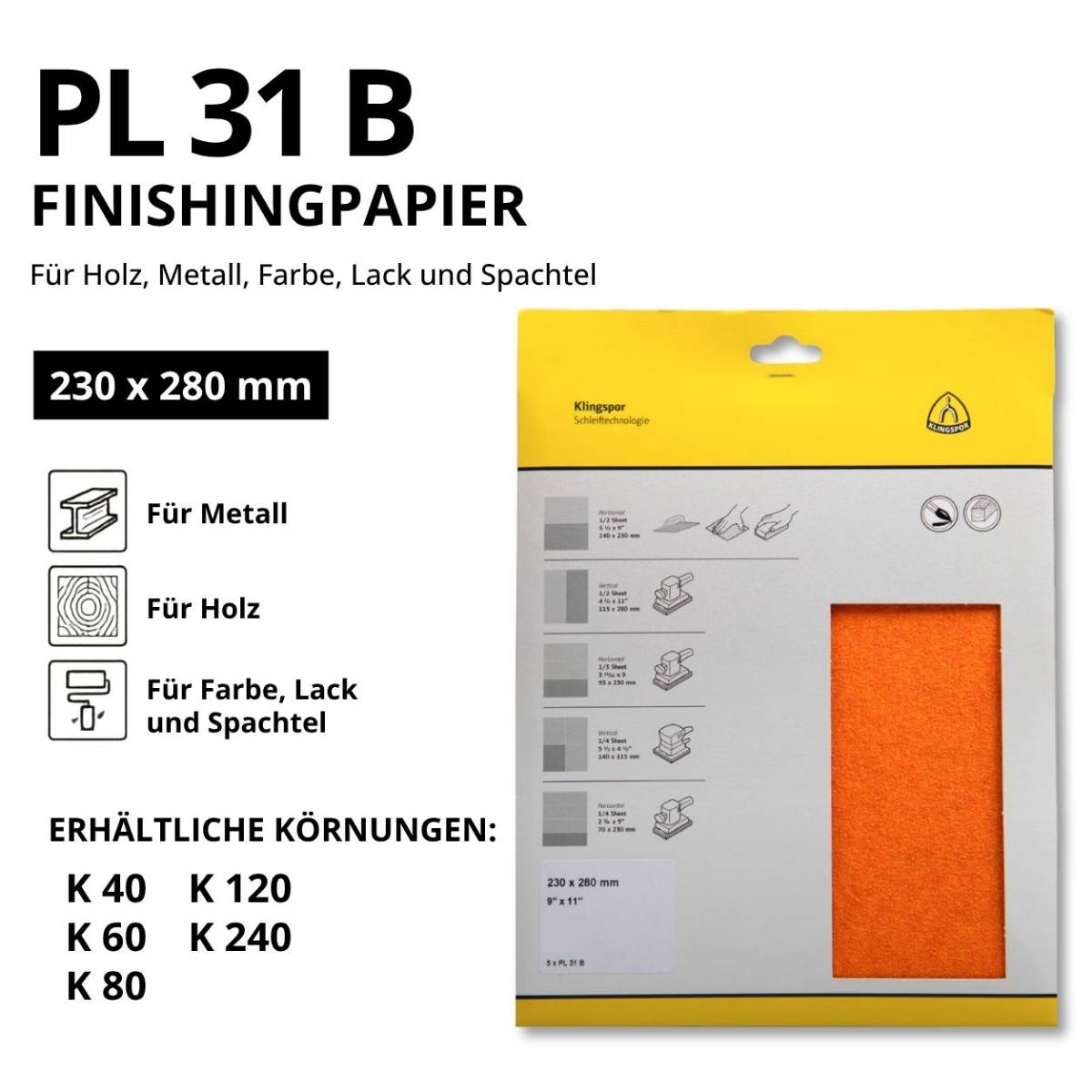 Klingspor Schleifpapier-Bogen 230x280mm SB-Verpackt PL 31 B