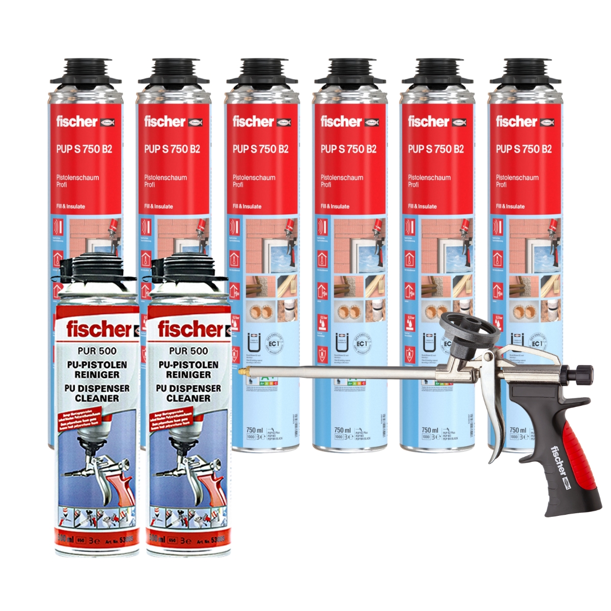 Fischer Pistolenschaum PUP S 750ml B2 1K - 6 Stück + 1x Pistole + 2x Reiniger