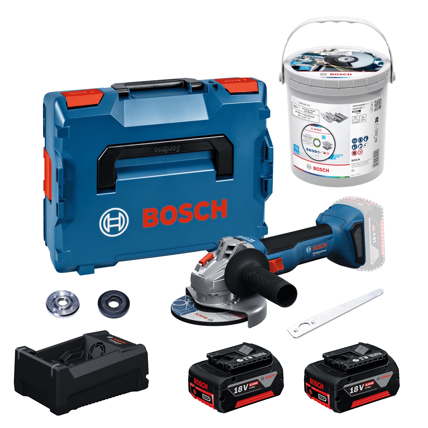 Bosch Akku-Winkelschleifer GWS18V-8 L-BOXX 2x5Ah GAL12V/18V-80 PRO Trennscheiben