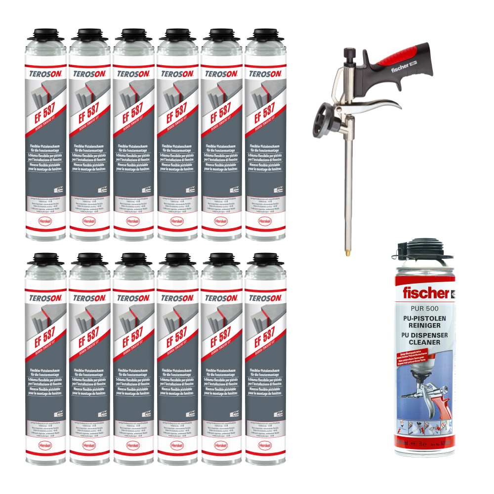 Teroson Pistolenschaum Set EF 537 12x + PUR500 Reiniger + Pistole PUPM3