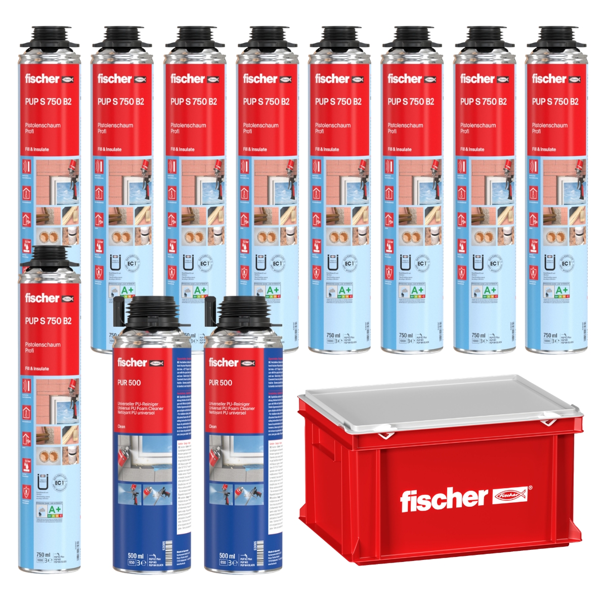 Fischer Pistolenschaum Set PUP S 750ml 9x Schaum + 2x Reiniger + Transportbox