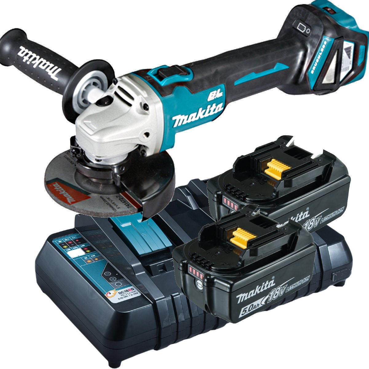 Makita Akku-Winkelschleifer DGA 511 Z 18 V - 2x 5AH - Ladegerät DC18RD