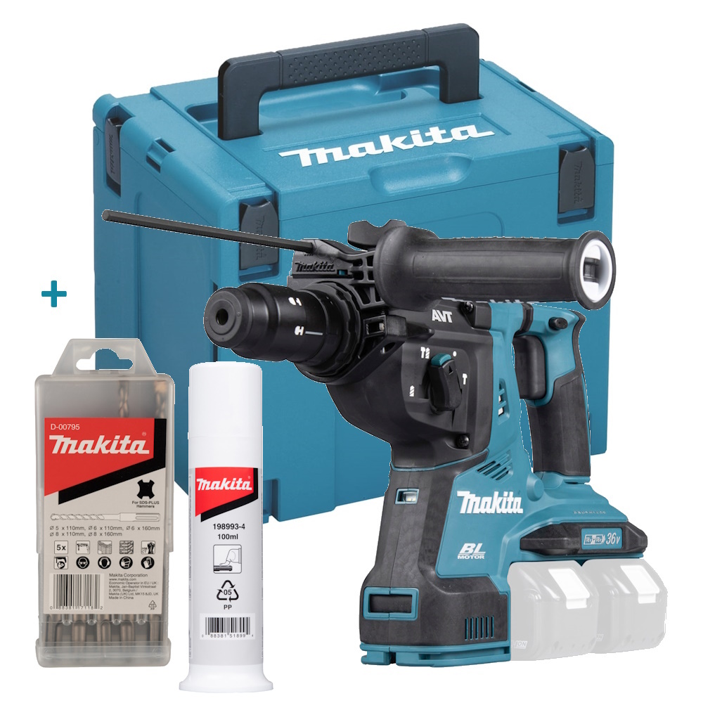 Makita Akku Kombihammer DHR281ZJ inklusive Bohrerset im Makpac 4 mit Bohrerfett