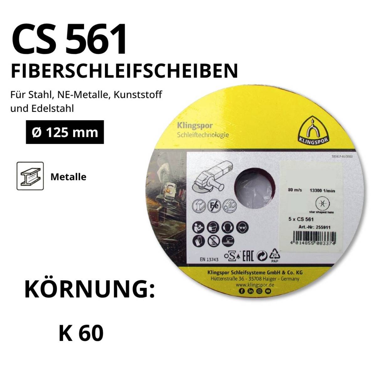 Klingspor Fiberschleifscheibe CS 561 SB - Ø 125 mm für Metall - K 60